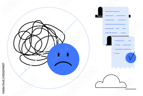 Swirl of tangled lines with a sad face, contrasted by a neat list with a check mark. Ideal for mental clarity, organization, productivity, planning, overcoming confusion