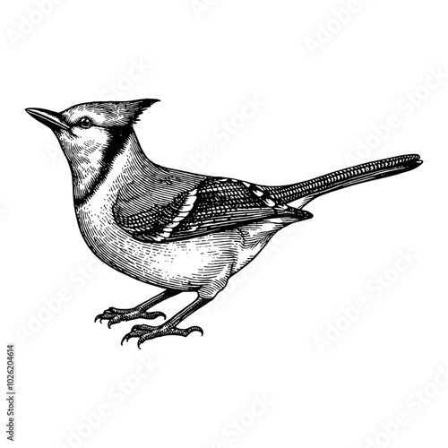 Blue Jay Bird Side View with Detailed Black and White Outline Line Art Drawing