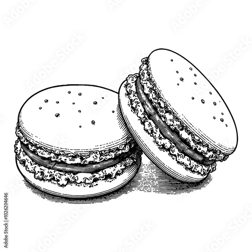 Macarons Vintage Style Detailed Black and White Outline Line Art Drawing with High Detail