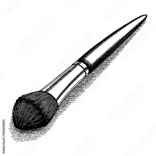 Makeup Brush with Vintage Black and White Outline Line Art Drawing in Detailed Engraving Style