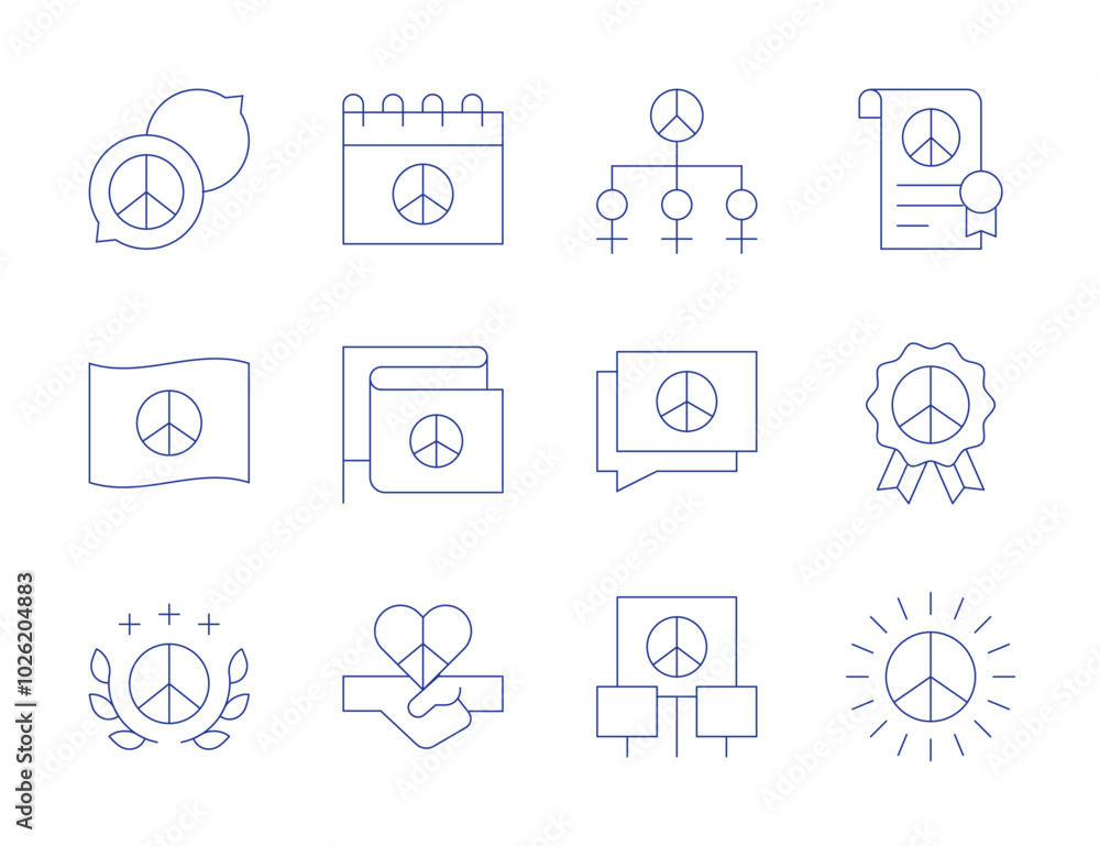 Peace icons. Thin Line style, editable stroke. peacekeeping missions, UN peacekeepers, international diplomacy, crisis management, humanitarian efforts Peace icons. Thin Line style, editable stroke. peacekeeping missions, UN peacekeepers, international diplomacy, crisis management, humanitarian efforts