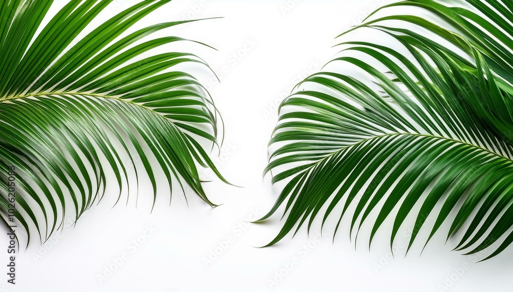 Fototapeta premium lush green curved palm leaves on white background overlay
