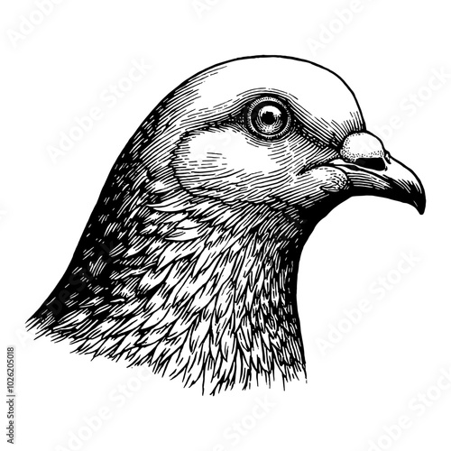 Pigeon Head Portrait in Vintage Detailed Black and White Outline Line Art Drawing