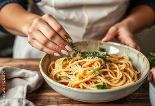 Close up of a woman adding fresh herbs to a homemade pasta dish