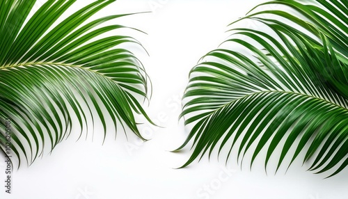 lush green curved palm leaves on white background overlay