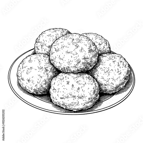 Plate of Profiteroles Cream Puffs in Detailed Black and White Outline Line Art Drawing