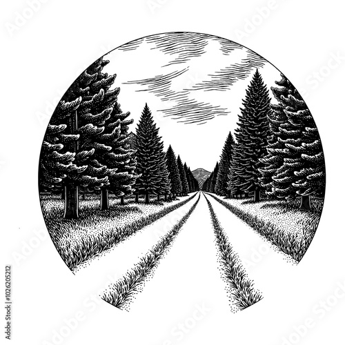 Scenic Road with Pine Trees Landscape Black and White Outline Line Art Drawing