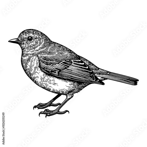 Robin Bird Side View in Vintage Detailed Black and White Outline Line Art Drawing