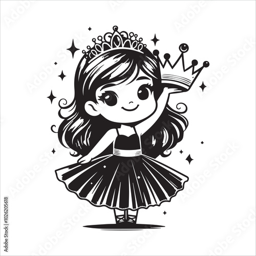 Cheerful little girl with long brunette hair in tulle skirt holding princess crown vector illustration silhouetet