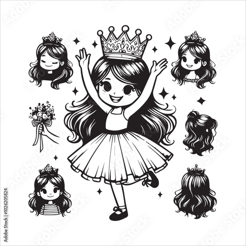 Cheerful little girl with long brunette hair in tulle skirt holding princess crown vector illustration silhouetet