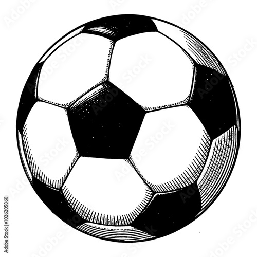 Soccer Ball in Highly Detailed Black and White Outline Line Art Drawing with Classic Design