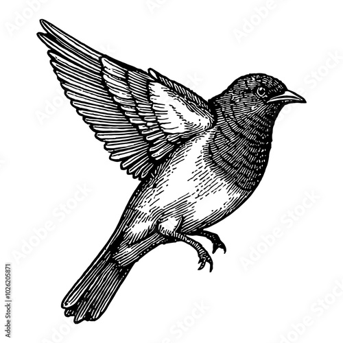 Sparrow Bird Flying in Detailed Black and White Outline Line Art Drawing with Wings Spread Wide