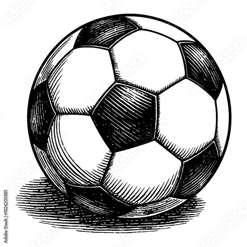 Soccer Ball Illustration with Shaded Detail in Black and White Outline Line Art Drawing