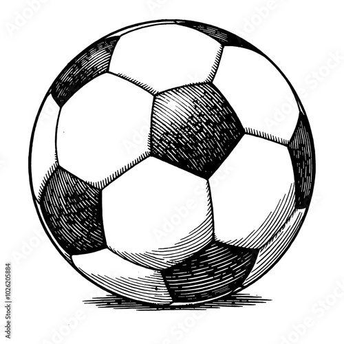 Soccer Ball with Classic Hexagonal Pattern in Black and White Outline Line Art Drawing