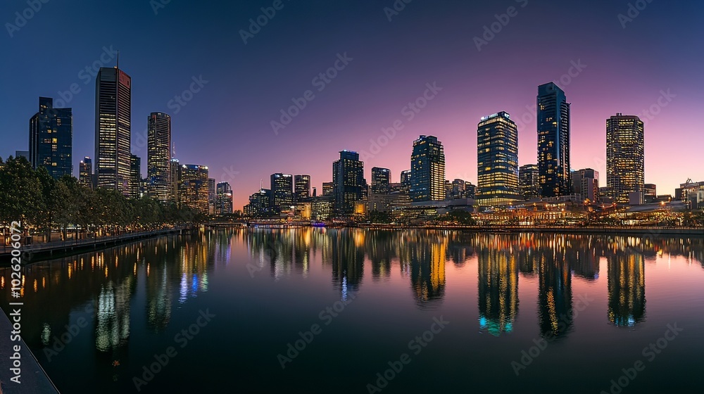 Fototapeta premium City street at night, illuminated by streetlights and car headlights. 