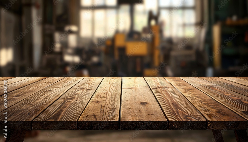 A wooden table in a workshop setting, showcasing craftsmanship and an industrial atmosphere. A wooden table in a workshop setting, showcasing craftsmanship and an industrial atmosphere.