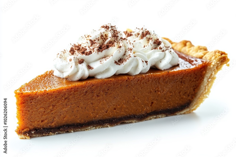 A slice of pumpkin pie topped with whipped cream isolated on white background. A slice of pumpkin pie topped with whipped cream isolated on white background.