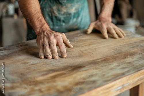 An eco-conscious man carefully restoring a piece of furniture, focused on sanding the surface for a smooth finish