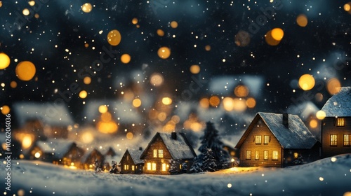 A picturesque snowy village with illuminated houses, contrasted by a dreamy bokeh background of twinkling lights, capturing the magic of winter nights.