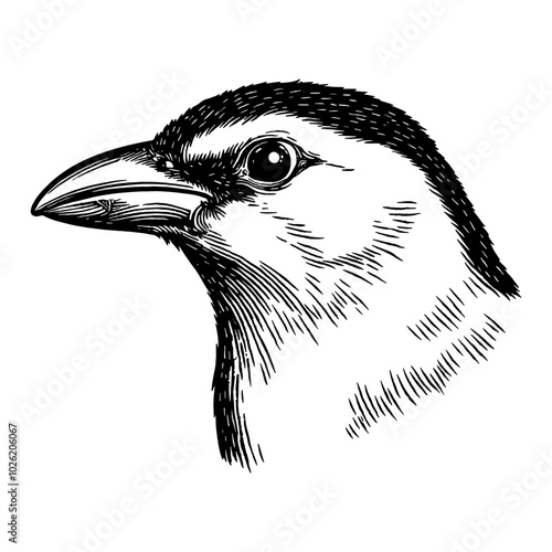 Sparrow Bird Head Portrait in Vintage Black and White Outline Line Art Drawing Style