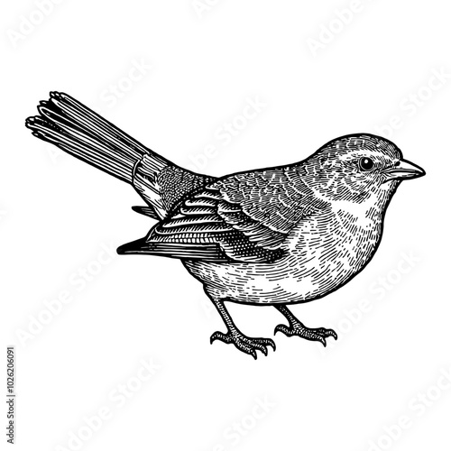 Sparrow Bird in Side View Detailed Black and White Outline Line Art Drawing Illustration