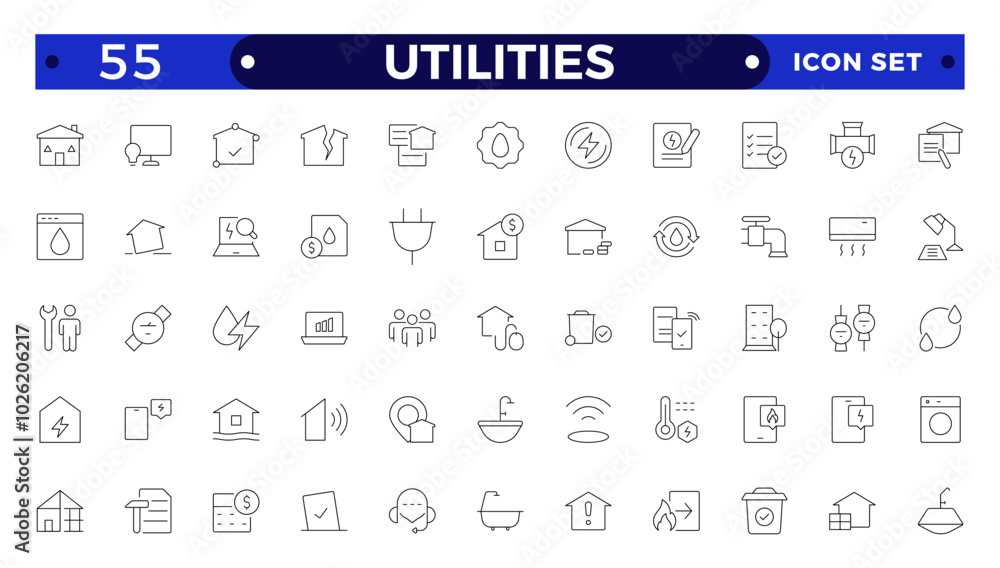Public utilities web icons in outline style. Rent receipt, electricity, water, gas, garage, heating, Water, Fuel, Electricity, Solar House, Maintenance collection. Public utilities web icons in outline style. Rent receipt, electricity, water, gas, garage, heating, Water, Fuel, Electricity, Solar House, Maintenance collection.