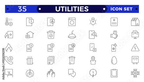 Public utilities web icons in outline style. Rent receipt, electricity, water, gas, garage, heating, Water, Fuel, Electricity, Solar House, Maintenance  collection.