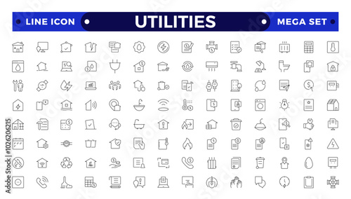 Public utilities web icons in outline style. Rent receipt, electricity, water, gas, garage, heating, Water, Fuel, Electricity, Solar House, Maintenance  collection.