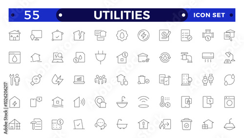Public utilities web icons in outline style. Rent receipt, electricity, water, gas, garage, heating, Water, Fuel, Electricity, Solar House, Maintenance  collection.