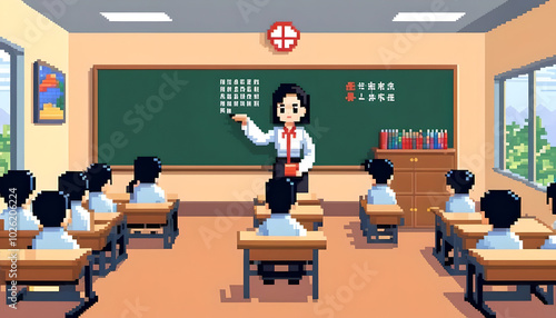 Wallpaper Mural Pixel Art Classroom Scene with Teacher and Students Torontodigital.ca