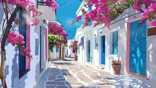 Animation Vibrant Floral Alley in Mediterranean Village generated with ai