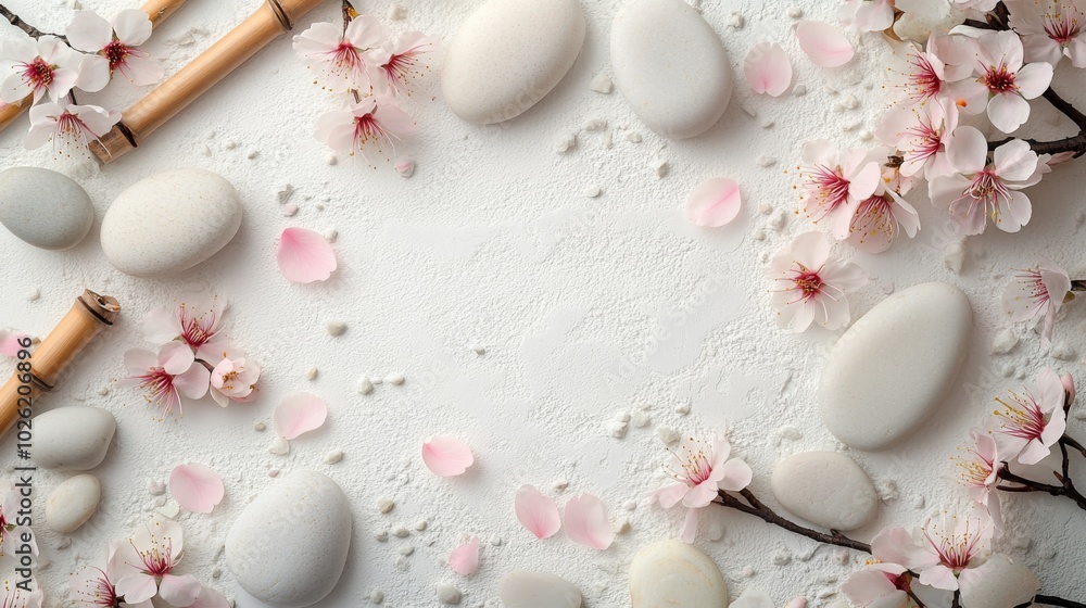 White Stones, Pink Almond Blossoms, and Bamboo on a White Background White Stones, Pink Almond Blossoms, and Bamboo on a White Background