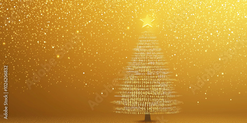 Christmas tree design in binary code style for IT professionals on golden background .Banner,  space for text