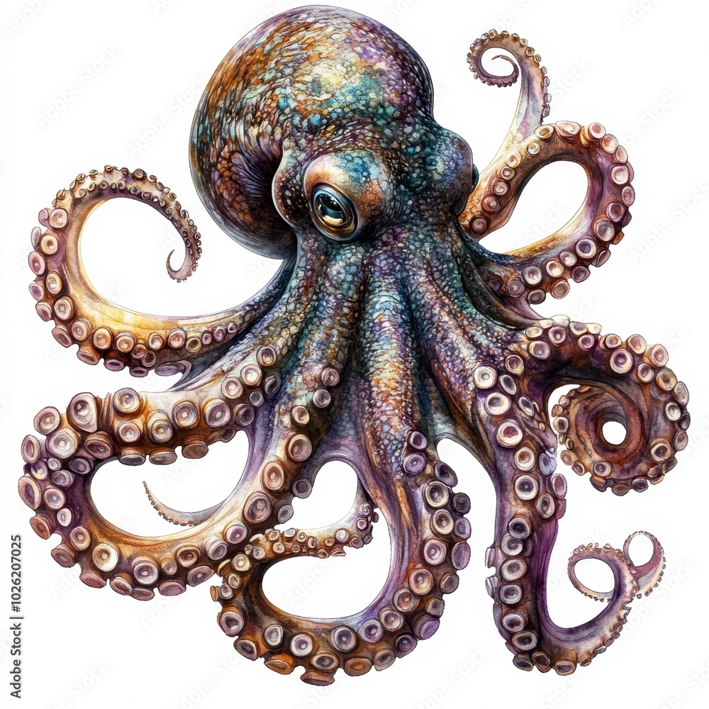 Fototapeta premium Vibrant illustration of a colorful octopus displaying its intricate tentacles and detailed skin textures.