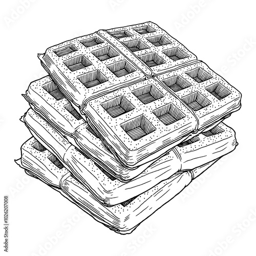 Stack of Waffles in a Detailed Black and White Outline Line Art Drawing with Intricate Design