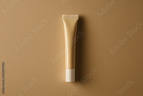 A single, light brown tube of foundation or lotion on a tan background