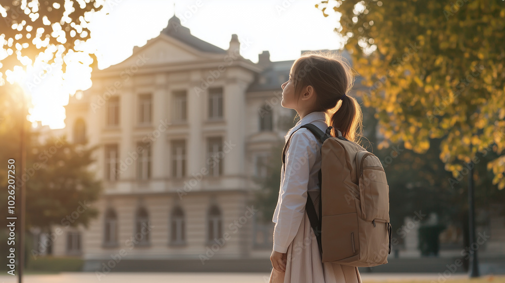 Fototapeta premium A profile shot of a young elementary school girl with a school bag on her back, gazing up at the school building, capturing her sense of wonder and anticipation. photo