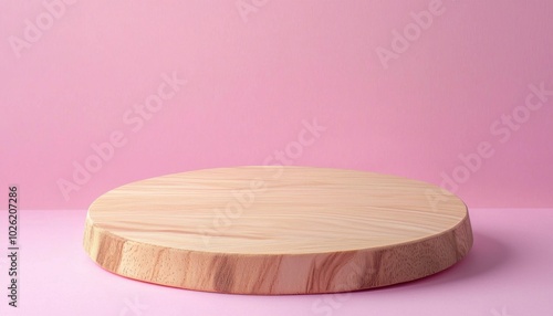 A smooth, round wooden surface on a soft pink background, ideal for displaying food or products.