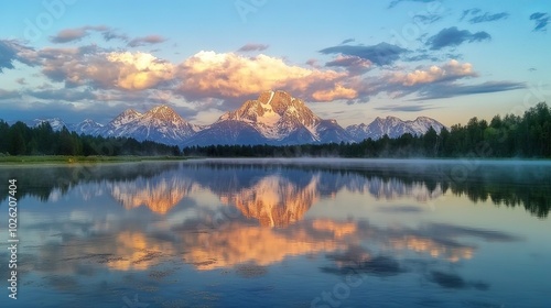 Wallpaper Mural Snow-capped mountains reflected in a crystal-clear lake at sunrise.  Torontodigital.ca