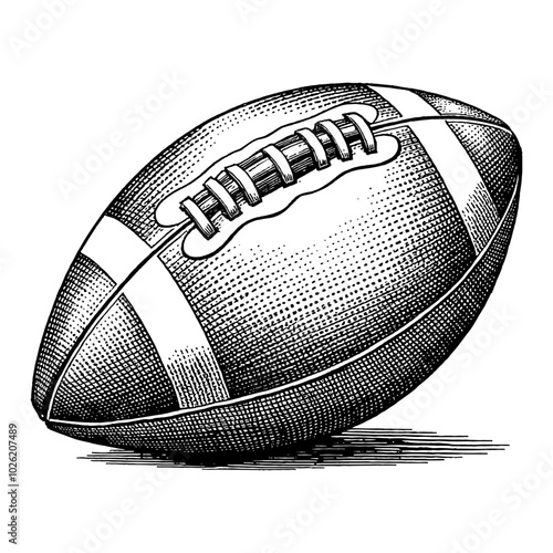 Detailed American Football in Vintage Black and White Outline Line Art Drawing with Shadows