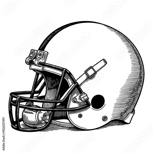 American Football Helmet Side View in Black and White Outline Line Art Drawing Style