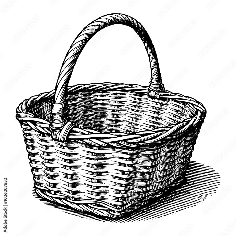 Obraz premium Empty Wicker Basket in Detailed Black and White Outline Line Art Drawing with Handle