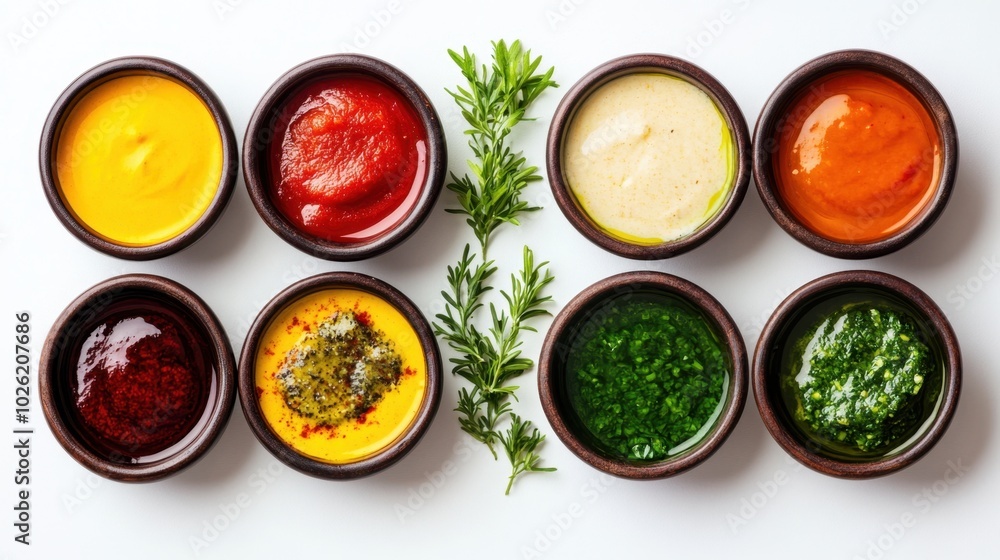 A selection of colorful sauces in small rustic bowls, artfully arranged on a clean white surface, viewed from above, perfect for culinary presentations A selection of colorful sauces in small rustic bowls, artfully arranged on a clean white surface, viewed from above, perfect for culinary presentations
