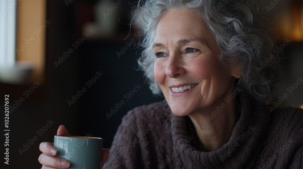 A close-up view of an elderly woman with gray hair, smiling brightly as she holds a cup of her favorite drink, reflecting a sense of joy and well-being. photo A close-up view of an elderly woman with gray hair, smiling brightly as she holds a cup of her favorite drink, reflecting a sense of joy and well-being. photo