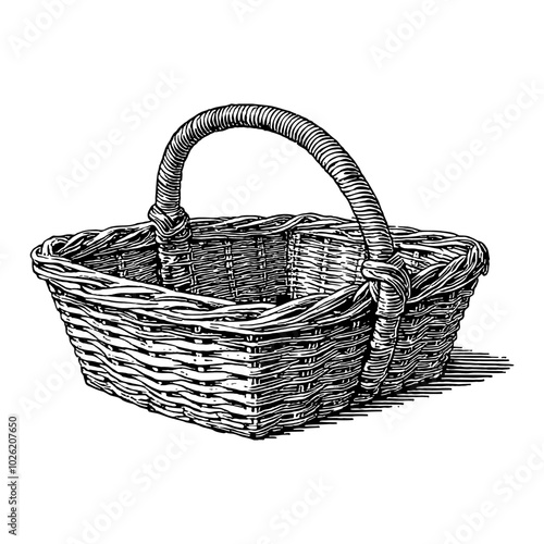 Empty Wicker Basket with Handle Detailed Black and White Outline Line Art Drawing
