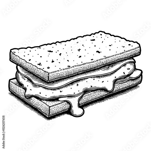 Ice Cream Sandwich in Detailed Black and White Outline Line Art Drawing Showing Melting Ice Cream