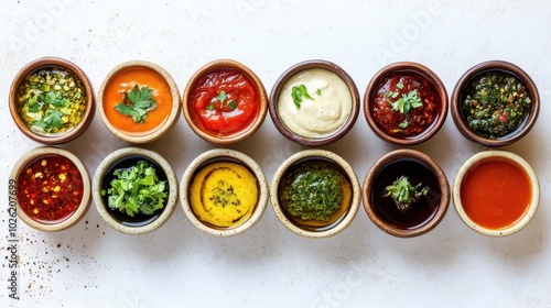 Wallpaper Mural A selection of colorful sauces in small rustic bowls, artfully arranged on a clean white surface, viewed from above, perfect for culinary presentations Torontodigital.ca