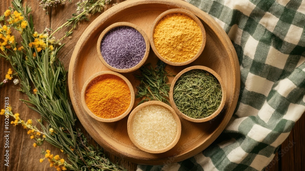 A selection of natural skincare ingredients, including fresh herbs and colorful powders, arranged on a wooden plate with a checkered cloth backdrop A selection of natural skincare ingredients, including fresh herbs and colorful powders, arranged on a wooden plate with a checkered cloth backdrop