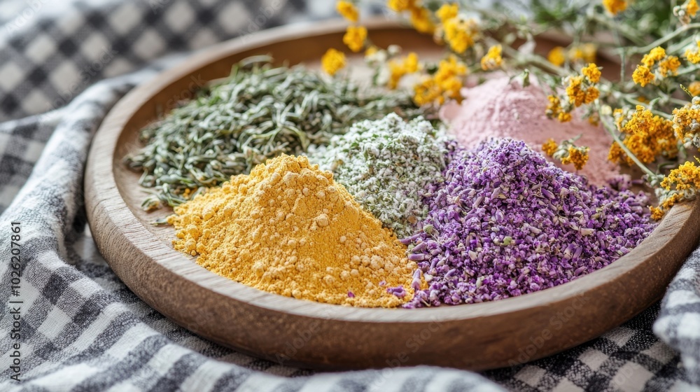 A selection of natural skincare ingredients, including fresh herbs and colorful powders, arranged on a wooden plate with a checkered cloth backdrop A selection of natural skincare ingredients, including fresh herbs and colorful powders, arranged on a wooden plate with a checkered cloth backdrop