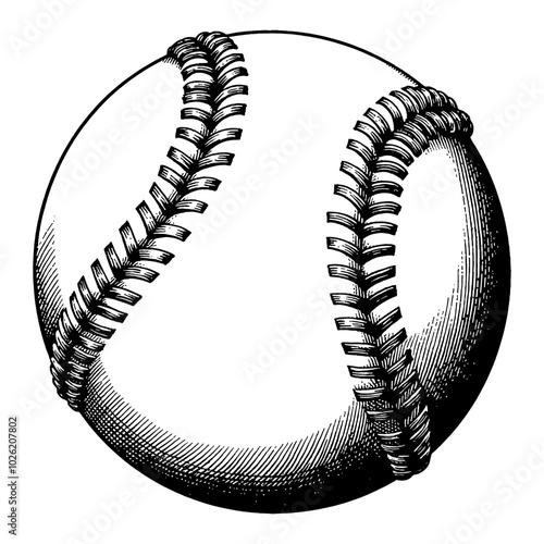 Baseball with Detailed Stitching in Black and White Outline Line Art Drawing Style